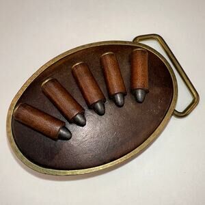 Vintage 1970’s BTS Leather and Brass .22 Caliber Cartridge Slide Belt Buckle